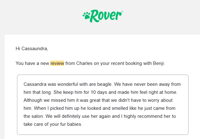 Real Rover customer dog photo showing trusted boarding experience