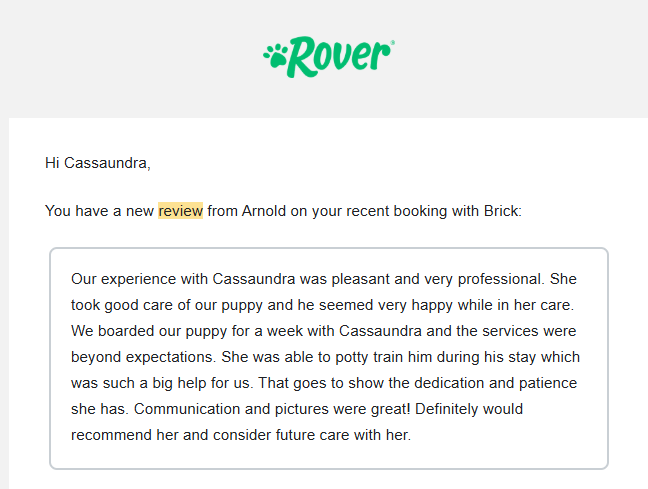 Real Rover review photo from a satisfied dog boarding client at Keller Dog Boarding