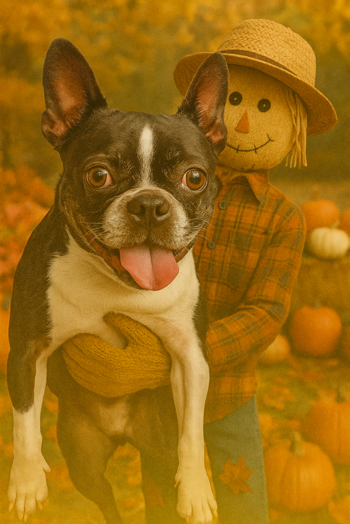 Boston terrier posing for fall Halloween-themed dog photoshoot during boarding stay near Keller and Southlake Texas
